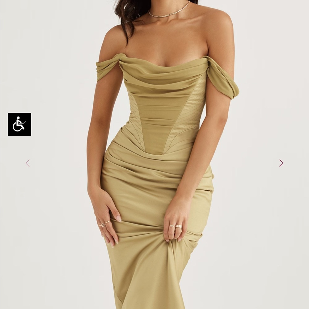 House of CB Natalya Olive Gold Off-Shoulder Bodycon Dress, size S, new with tag